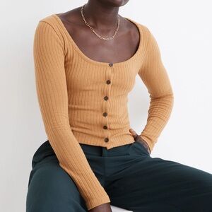 Madewell Ribbed Cardigan Crop Tee Henley Toffee